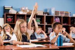 A couple young students raises her hand while the rest observe