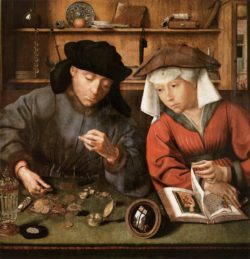 An oil painting of 8 Quentin Massys, The Moneylender and his Wife from1514