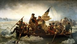 A photograph of George Washington on a rowboat with troops