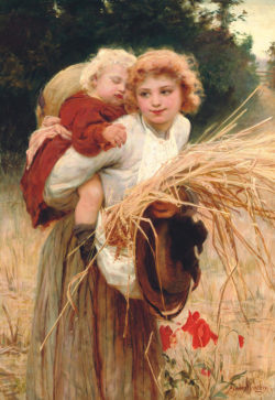 A painting of a young child on the back of a field worker