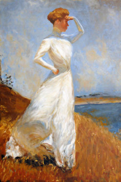 A painting of a woman near a body of water