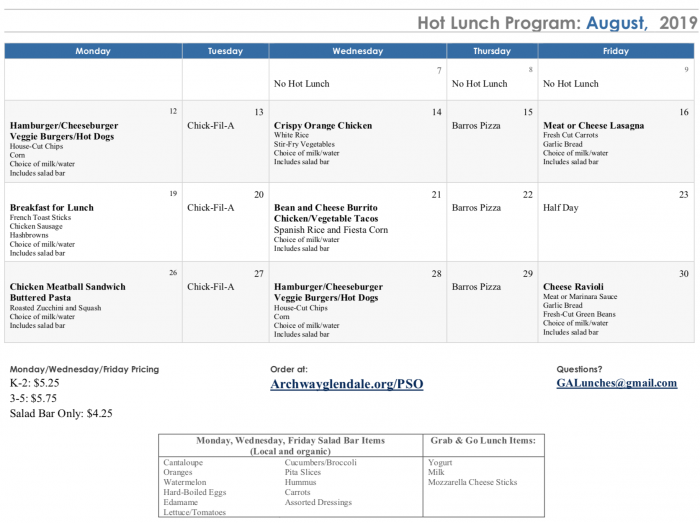 August Hot Lunch Calendar Great Hearts Archway Glendale, Serving